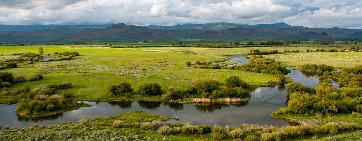 A scenic Idaho landscape with a green meadow, mountains and meandering river