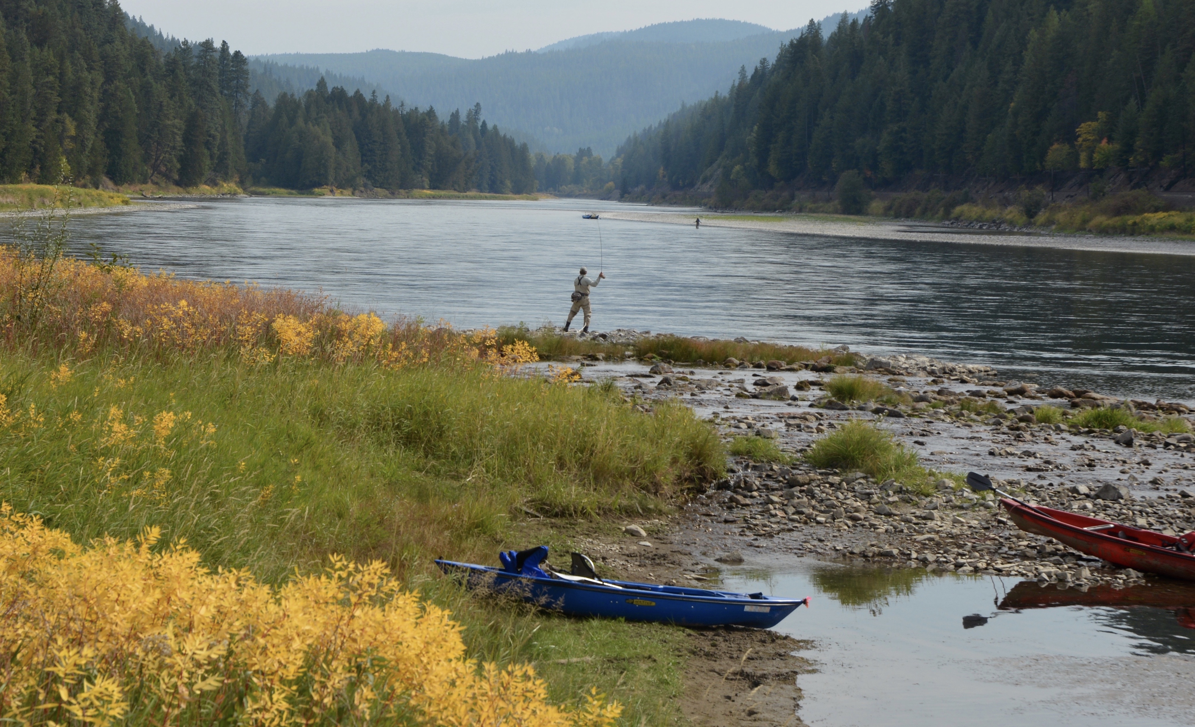 Fly fishing, kayak, Kootenai River, North Idaho, Panhandle, fall color