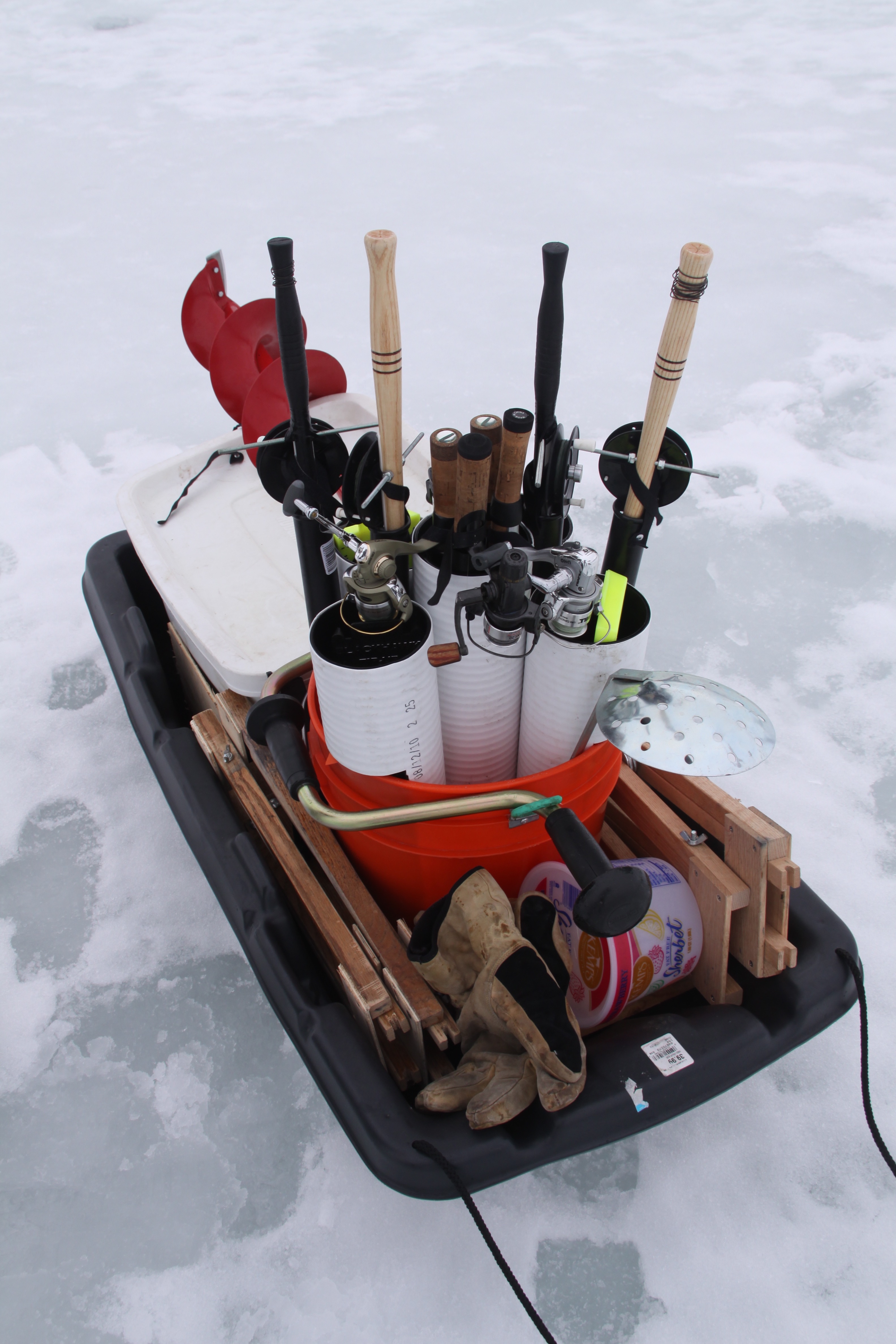 Ice fishing, sled, tackle