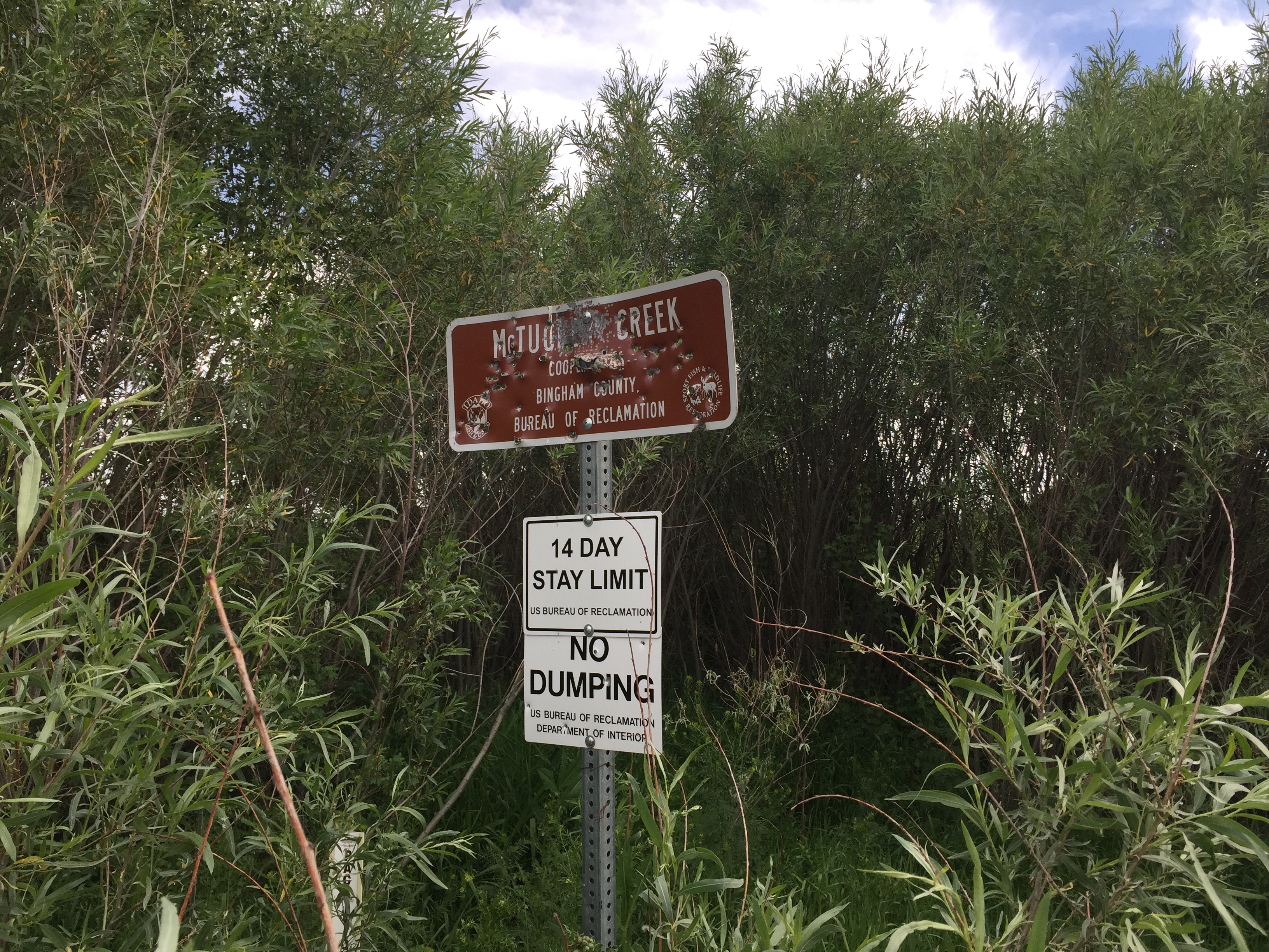 Mctucker Creek sign full of bullet holes near Fort hall June 2015 