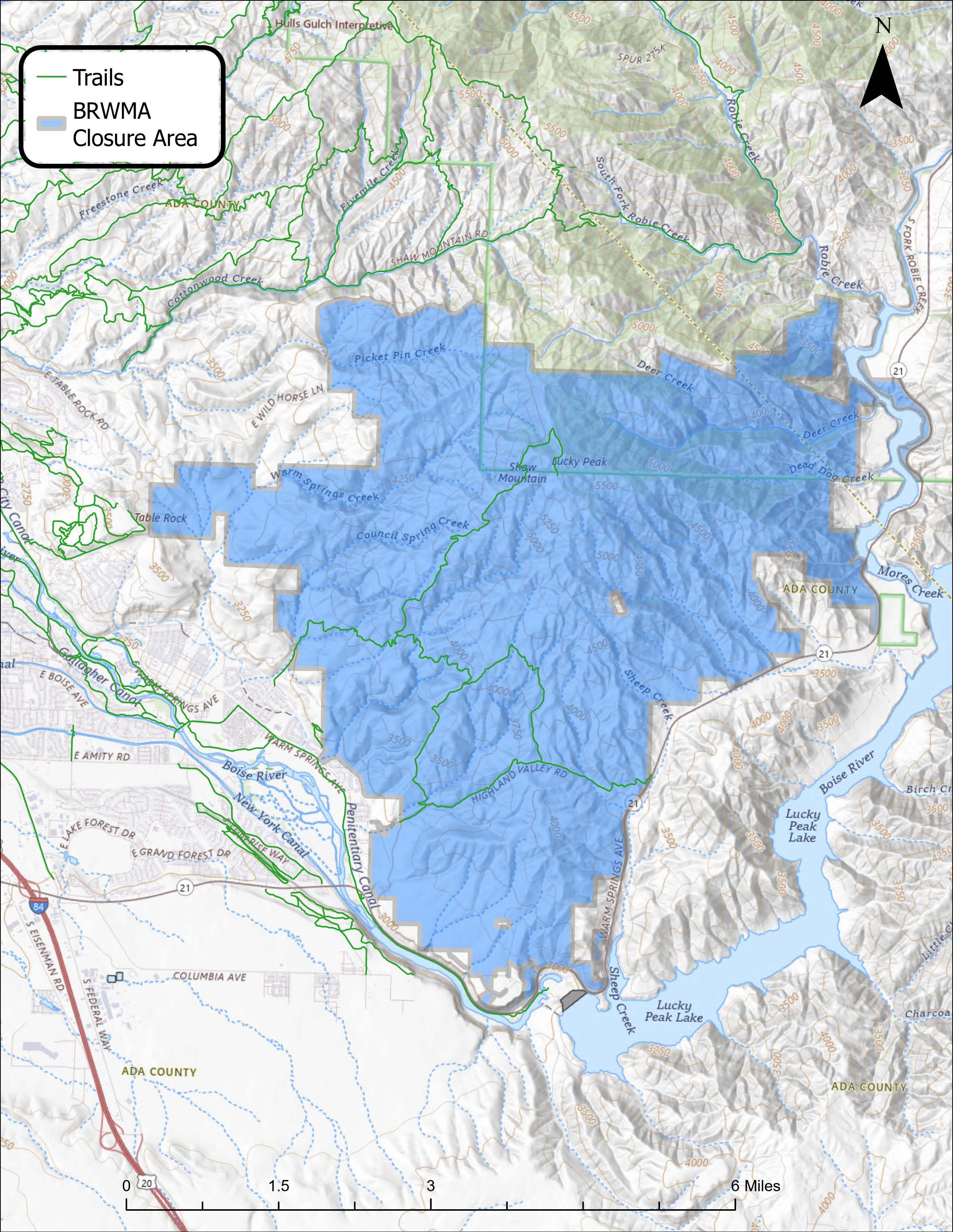 A map depicting the area of the Boise River WMA that will be closed to access from Feb. 1 through April 14, 2026