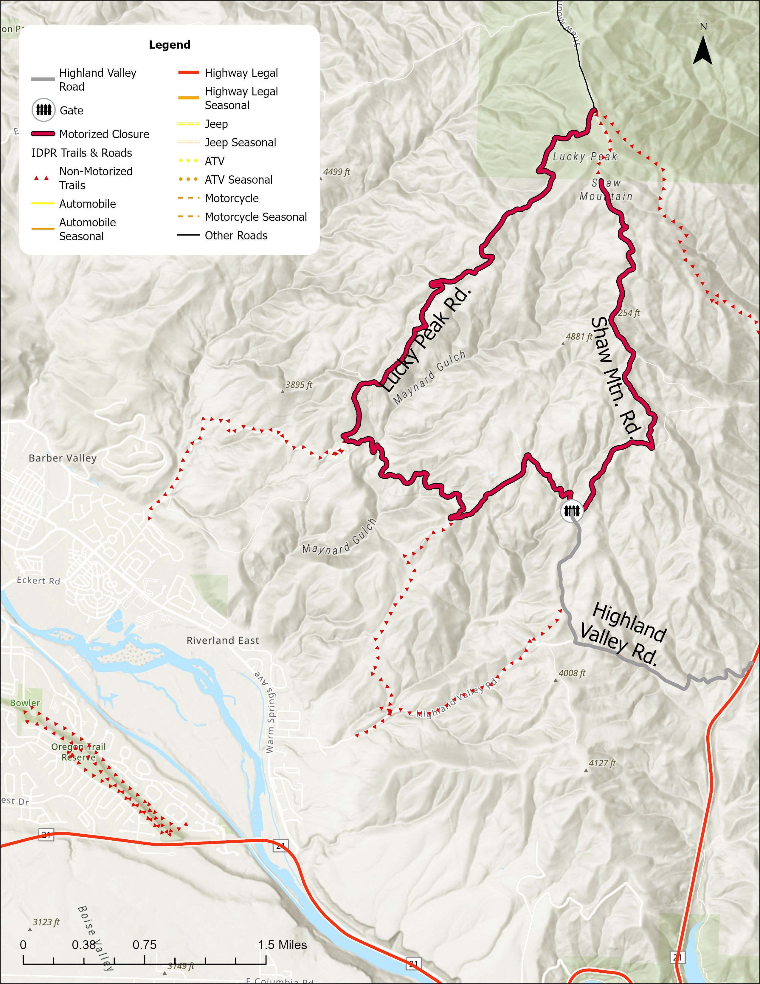 A map displaying the road closures for motorized vehicles on Boise River WMA, for July 3-5, 2026