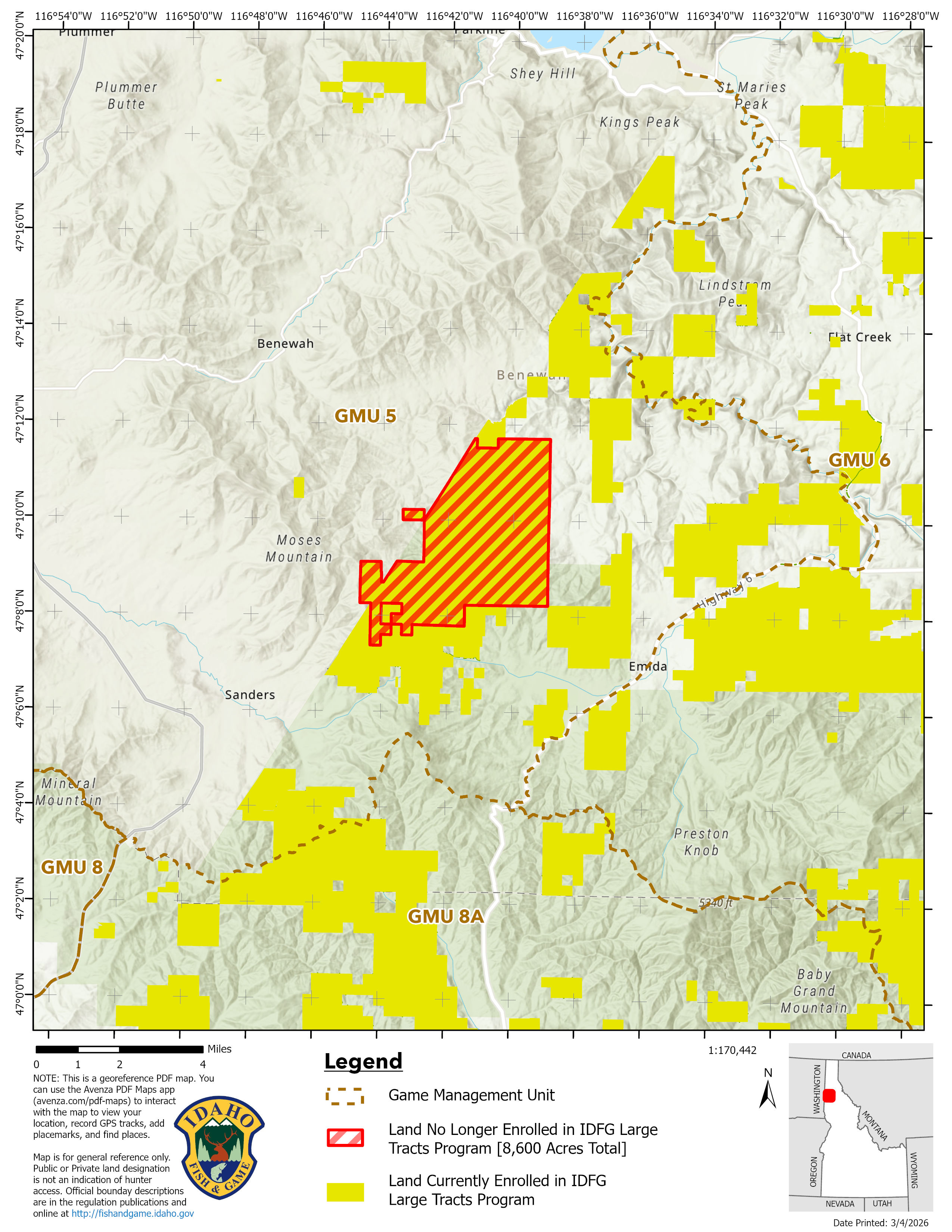 Map of Manulife properties being removed from Large Tracts Program in North Idaho.