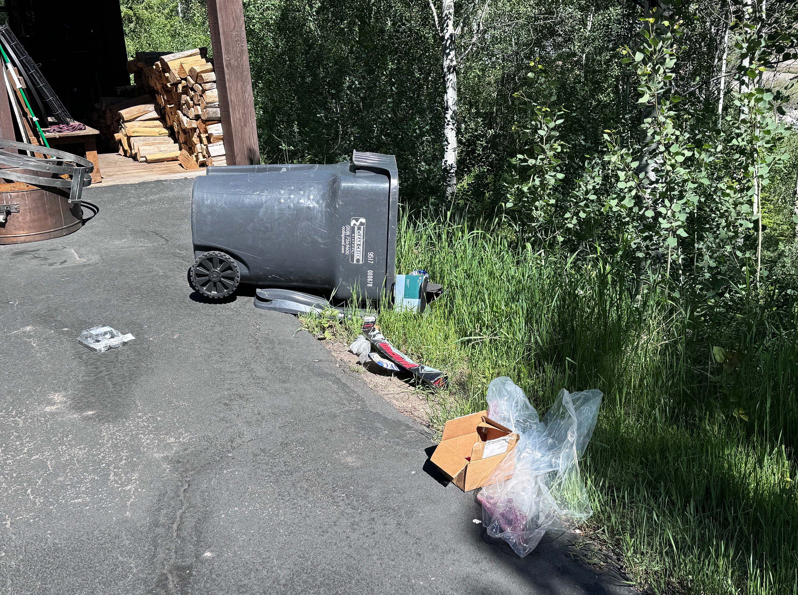 Garbage can tipped over after a bear gets into residential garbage at a home in the Wood River Valley