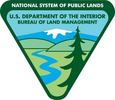 Bureau of Land Management logo which features graphics of pine trees, and winding river, and a snow-capped mountain in the distance.