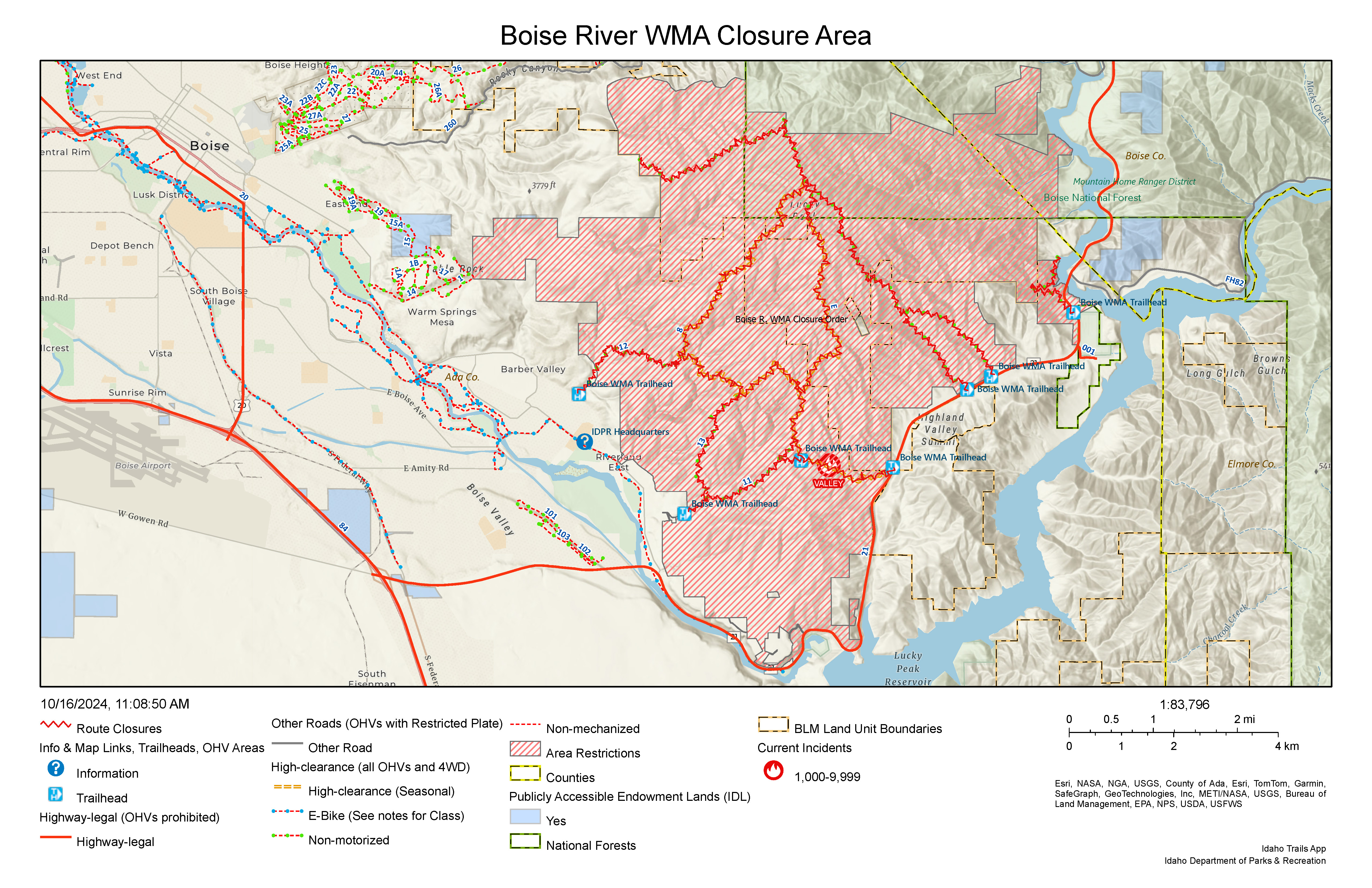 A map depicting the Boise River WMA closure area related to the Valley Fire