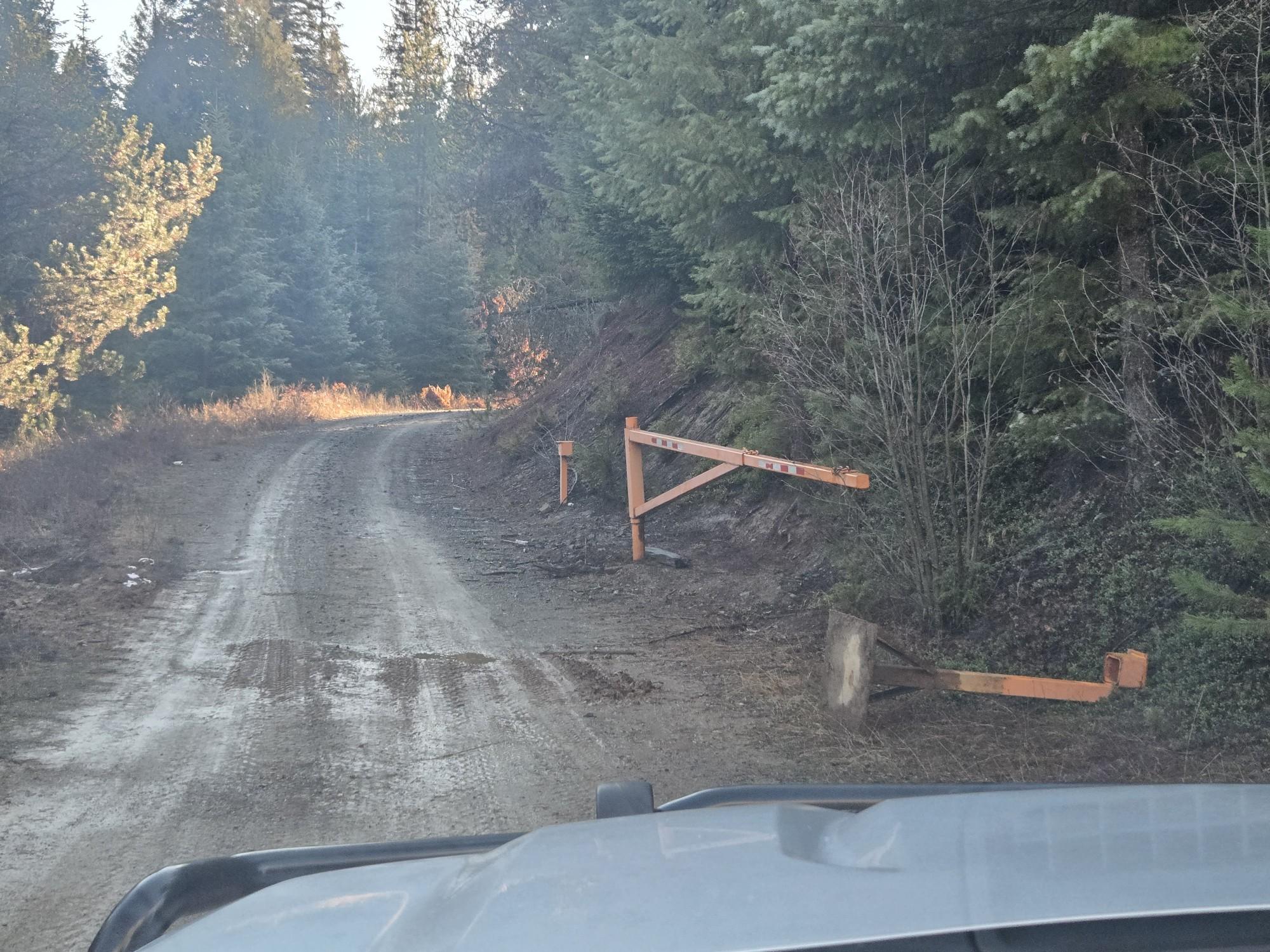 Destroyed gate on privately owned corporate timber land in North Idaho.