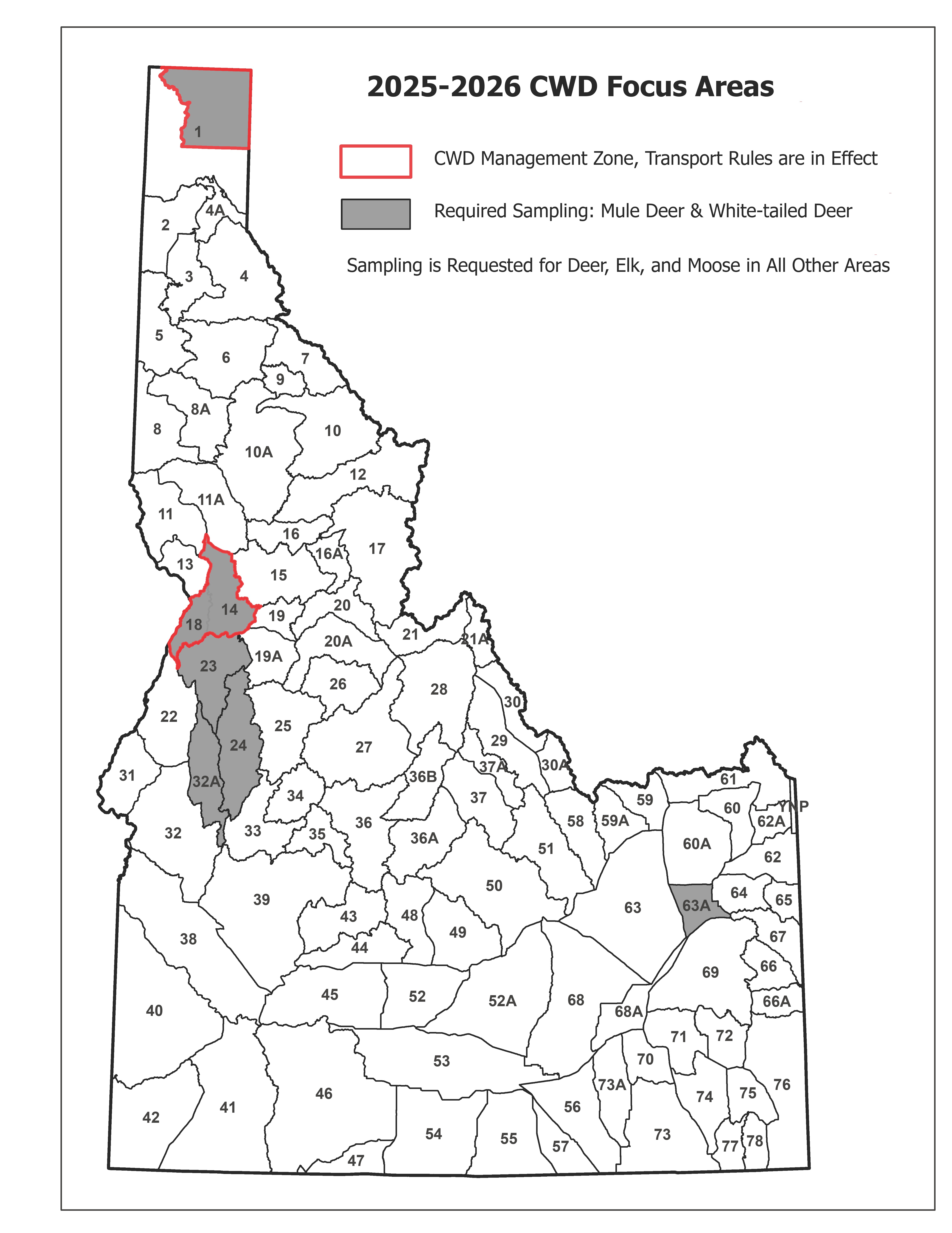 Map of Idaho showing CWD Management Zones and mandatory sampling