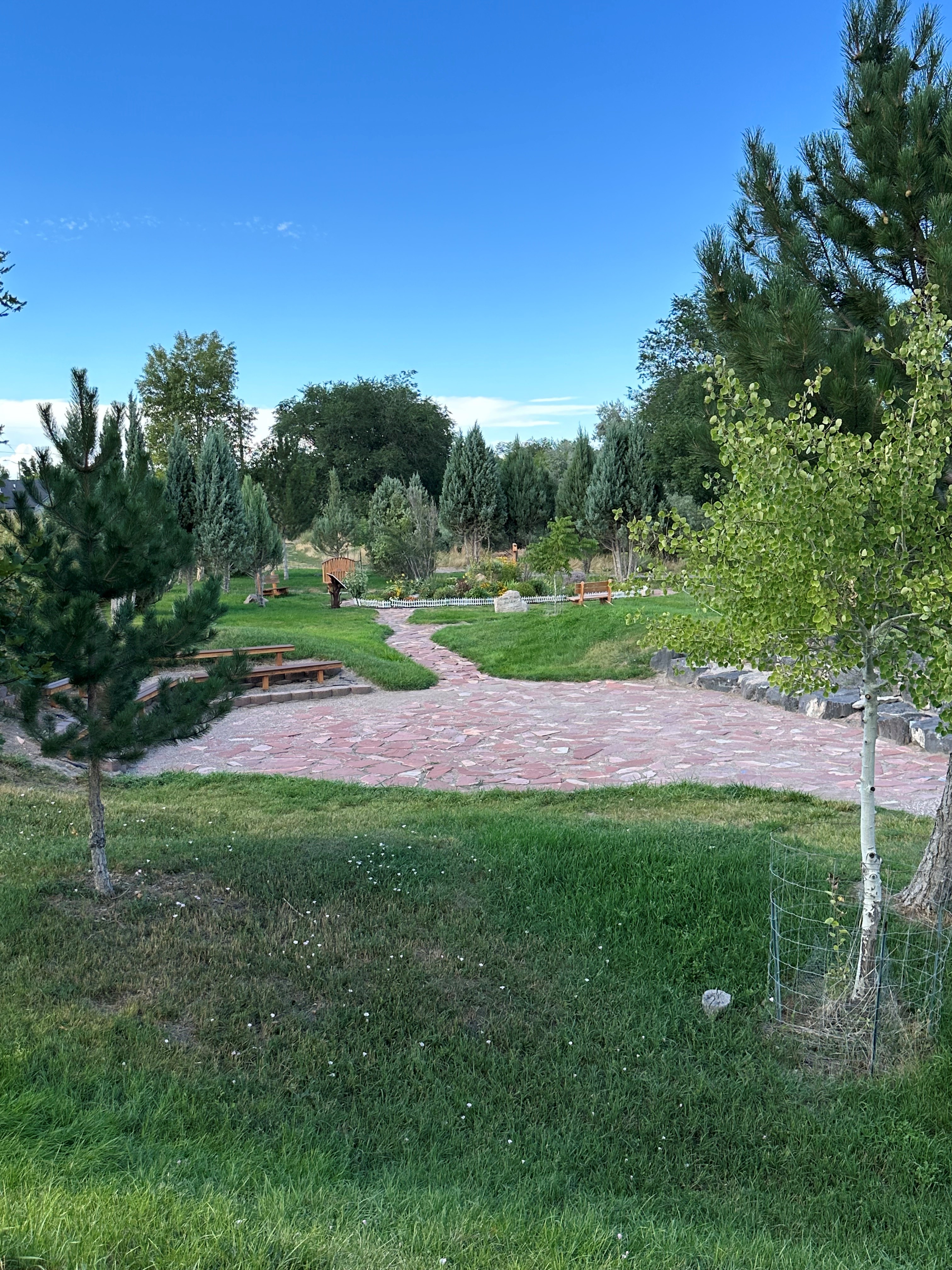 Wooden bench seating located in an outdoor amphitheater surrounded by green vegetated slopes and shade trees.  Path leads down to flat natural stone pavers placed to create a stage.