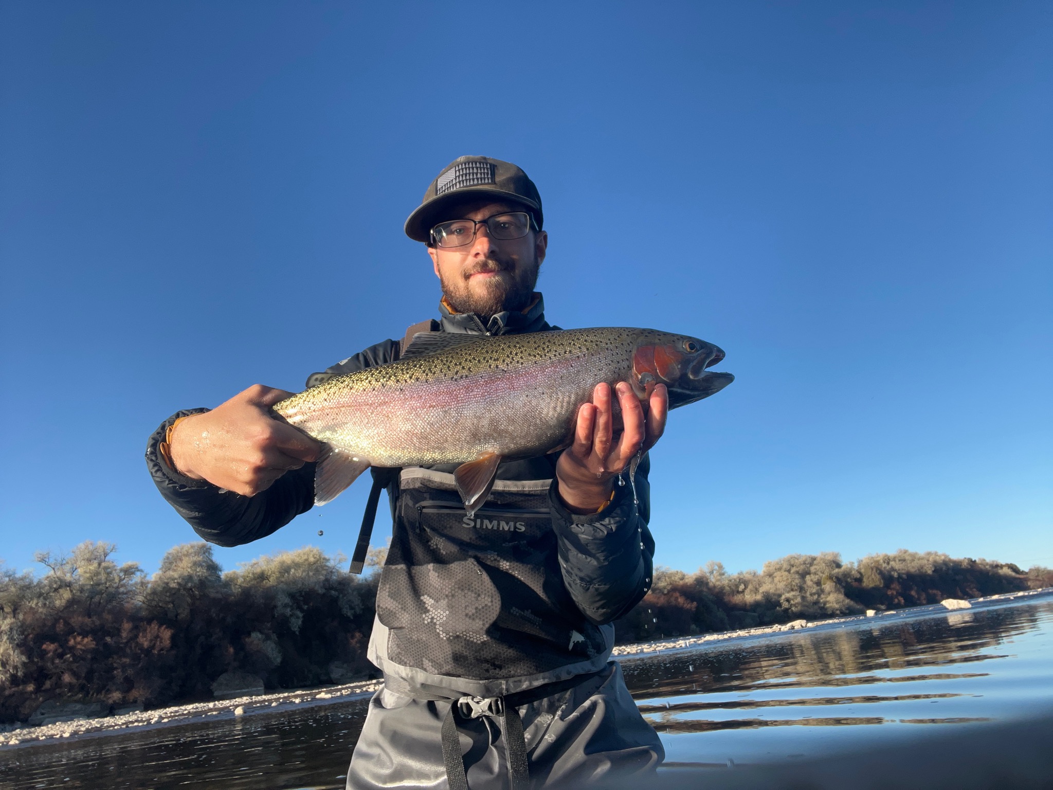 Man holds a large rainbow trout with a blue sky in the background