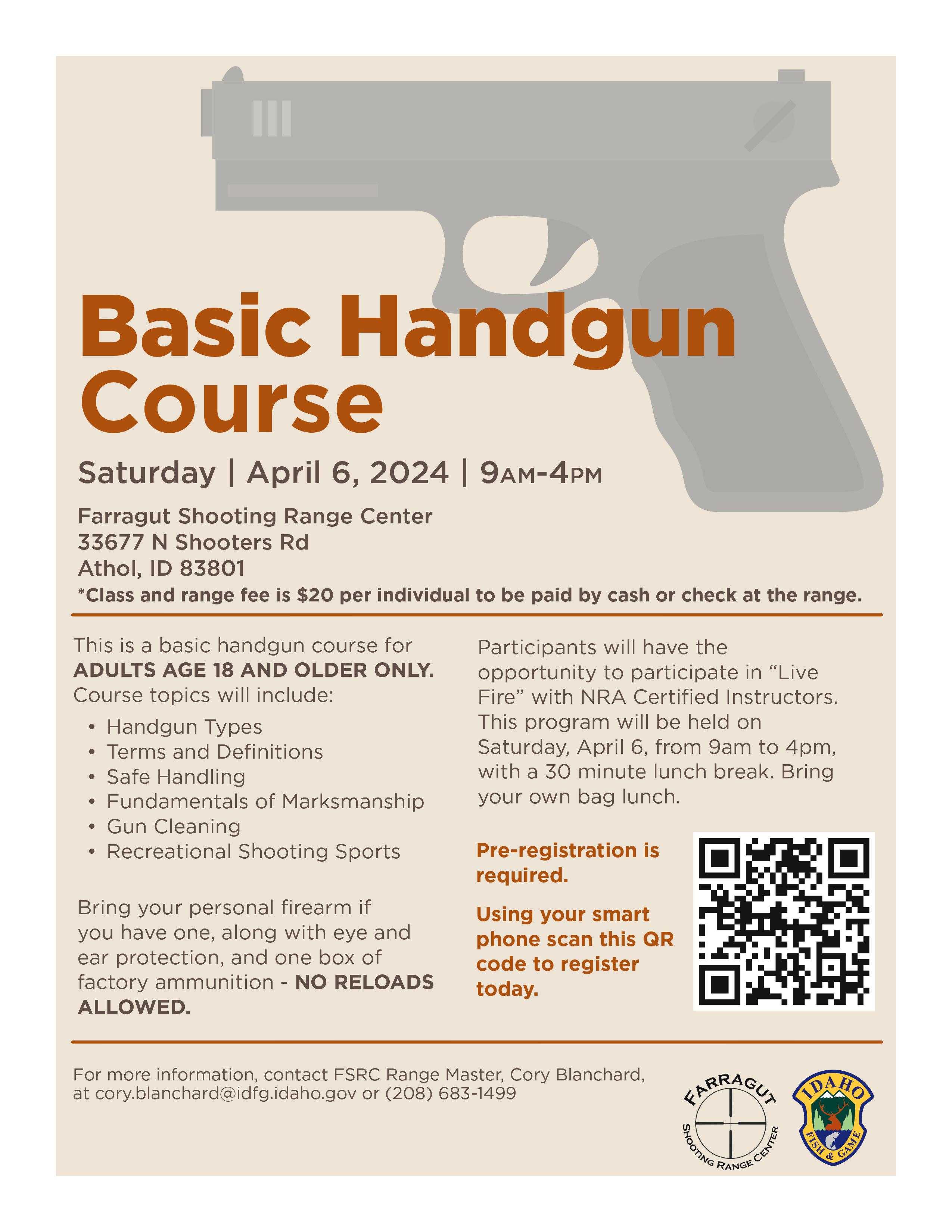 Basic Handgun course flyer at the Farragut Shooting Range Center