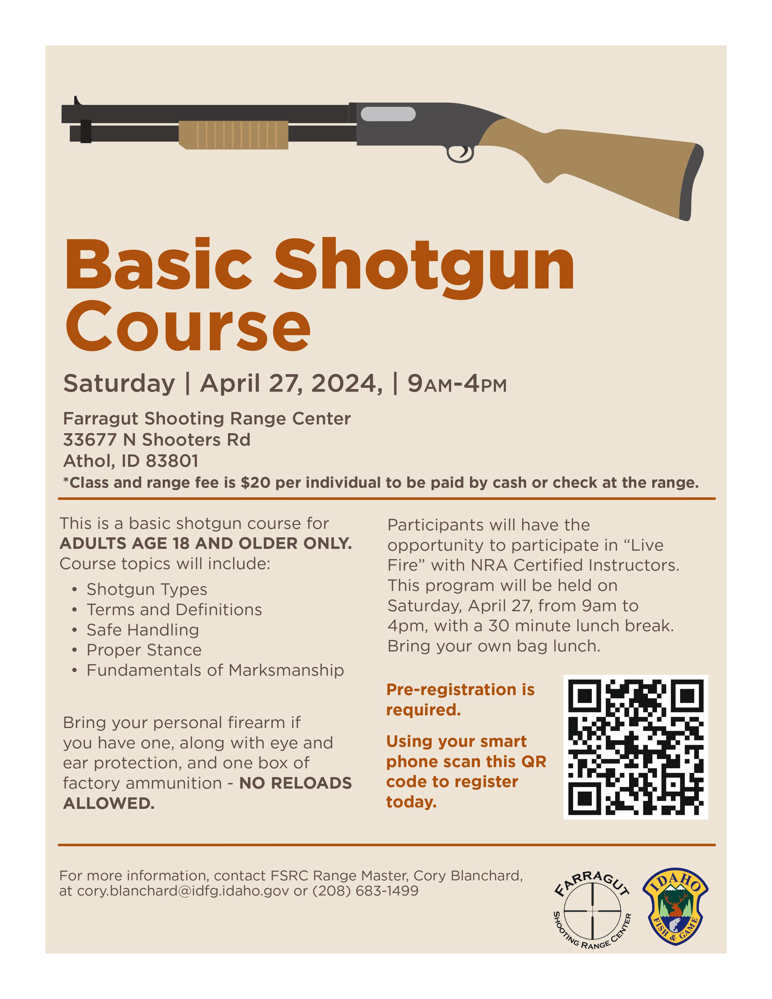 Basic Shotgun course flyer at the Farragut Shooting Range Center