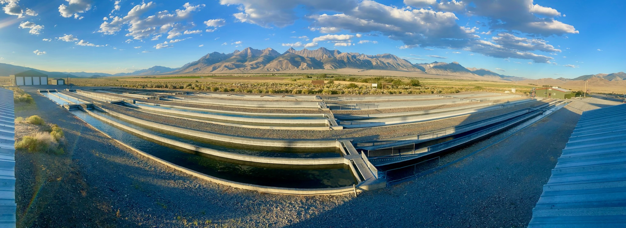 Fish eye view of the Mackay Hatchery raceways at sunset with the mountains in view
