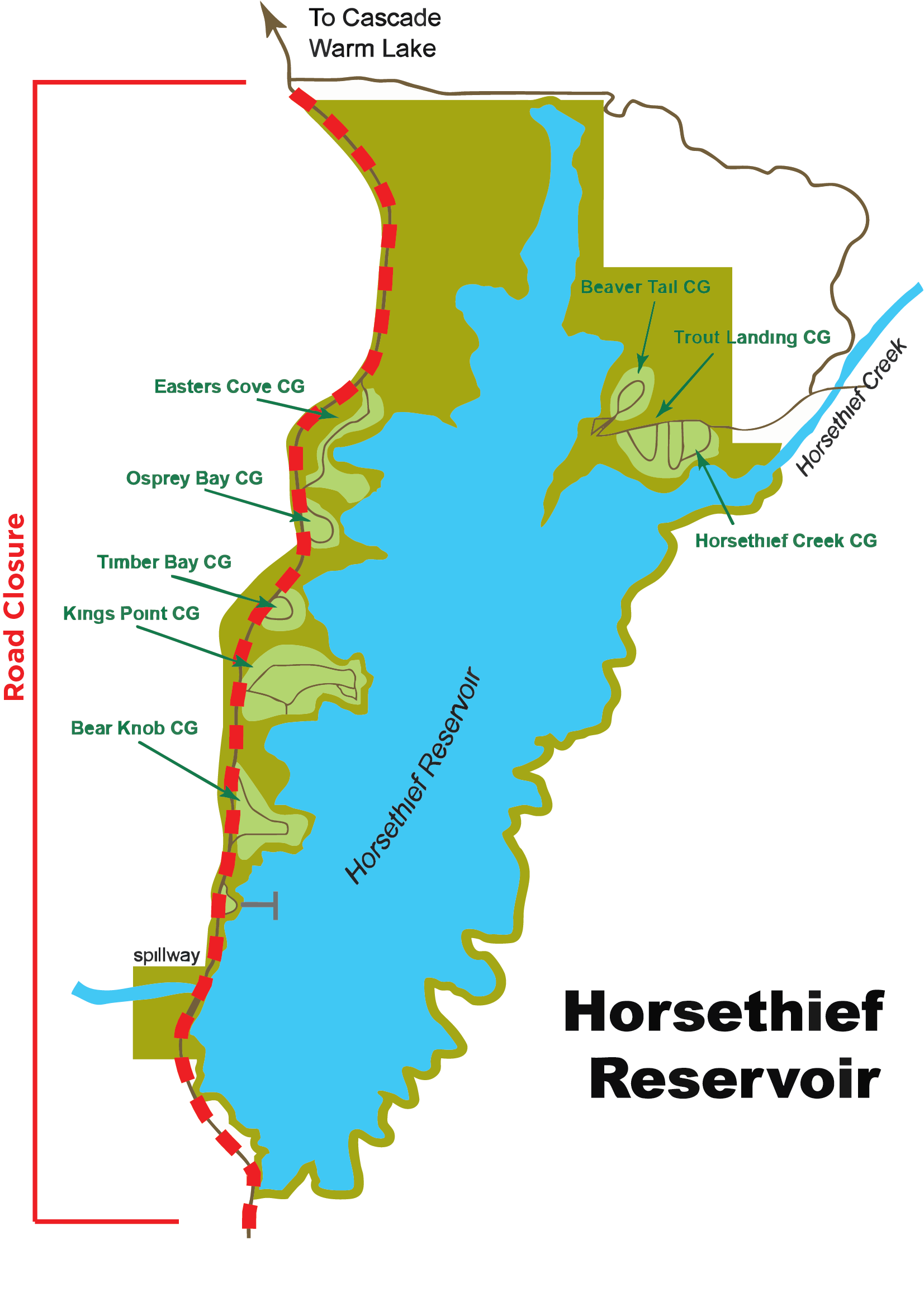 A map depicting a road closure for the road on the west side of Horsethief Reservoir for roadwork