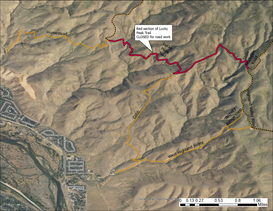 A map depicting a section of Lucky Peak Trail that will be closed for road work starting on Sept. 21, 2025