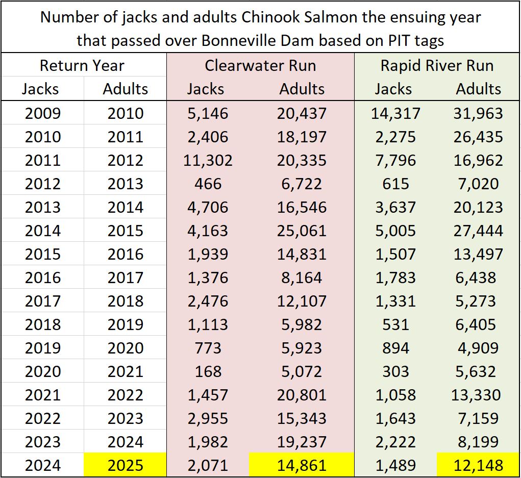 Jack to adult return table over Bonneville Dam 2009-2024
