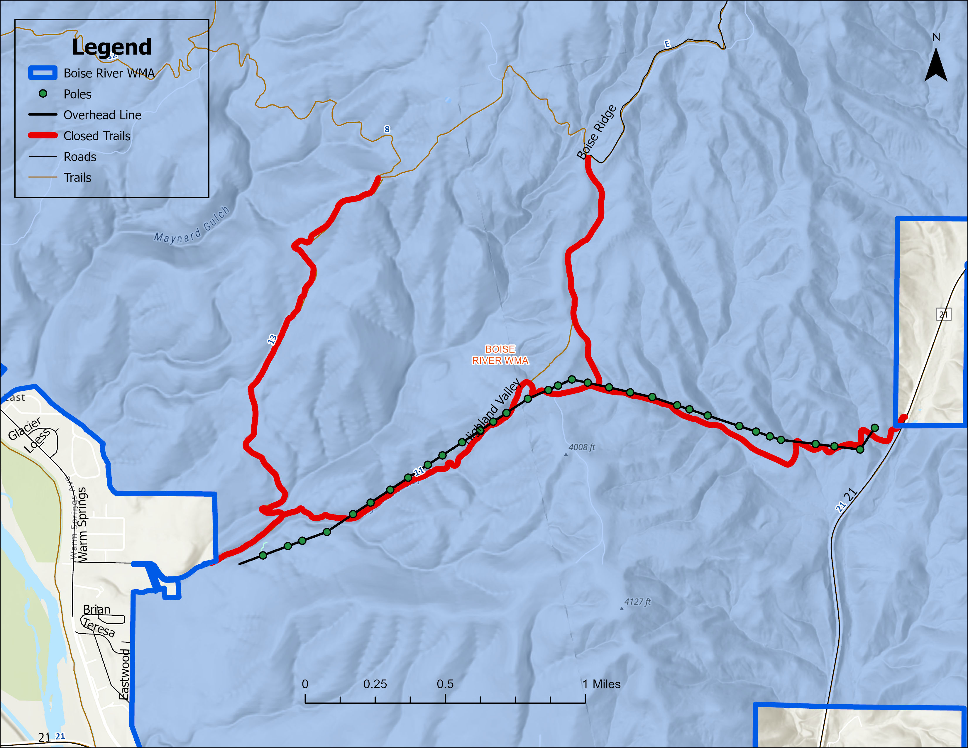 A map depicting Idaho Power's work area for the maintenance of power lines on the Boise River WMA
