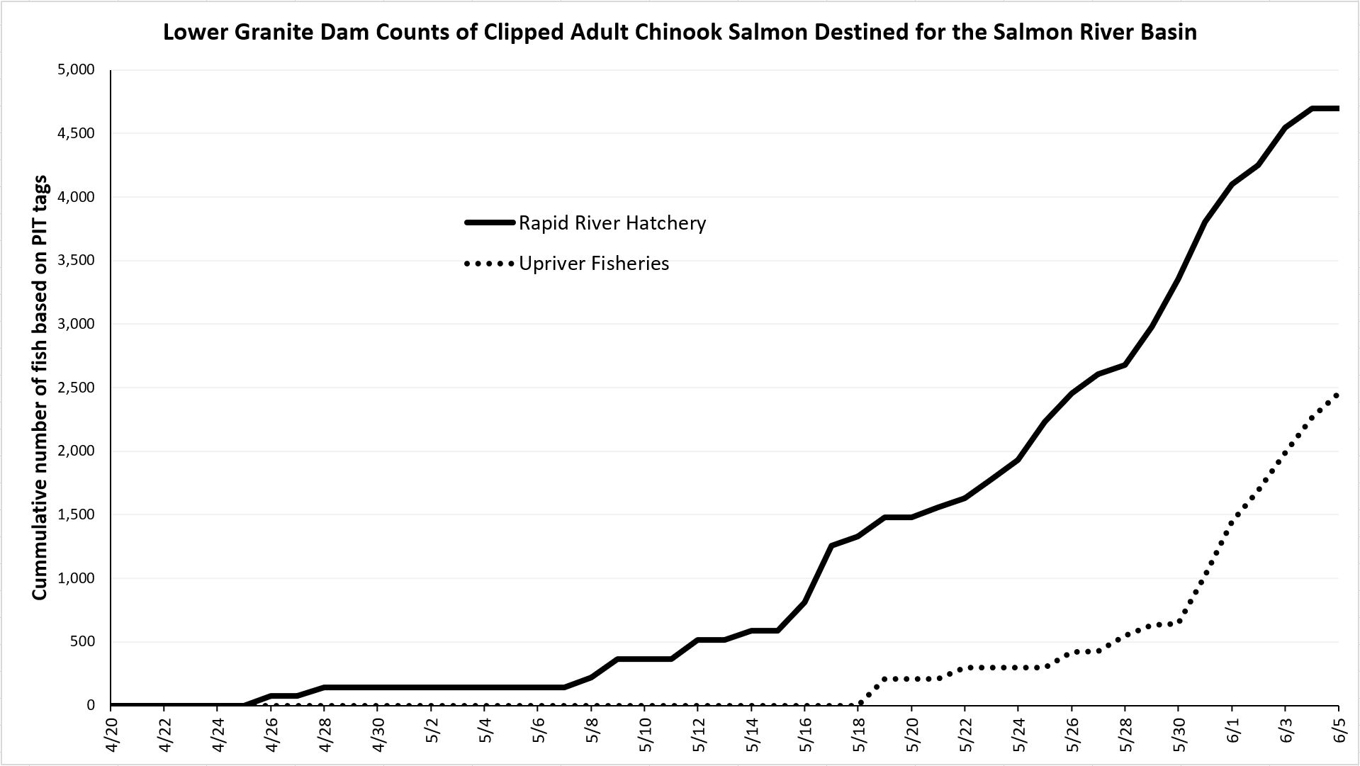 LGD cumulative counts for Salmon River bound hatchery fish