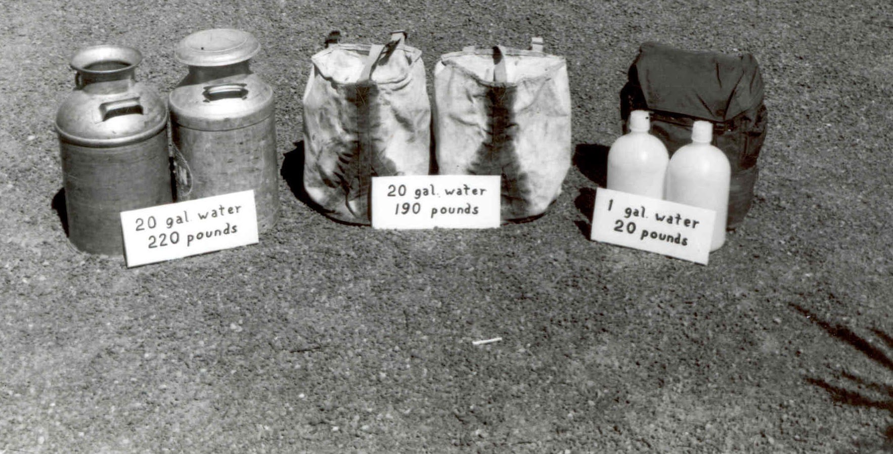 Old milk jugs, canvas bags, and plastic bottles used to haul fish.