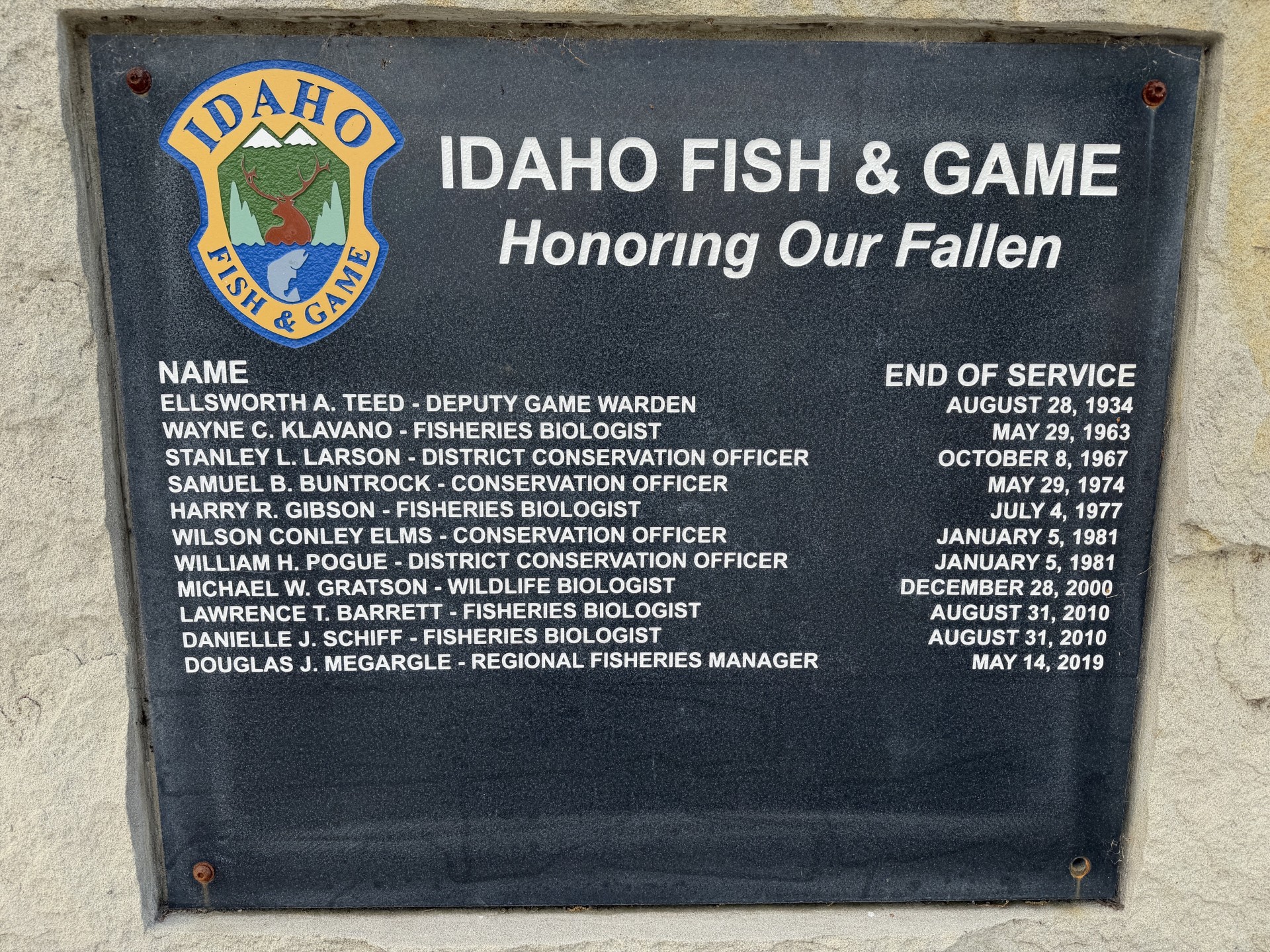 Dark colored memorial plaque honoring the fallen employees of Idaho Fish and Game.  All names and dates of death are printed in white.
