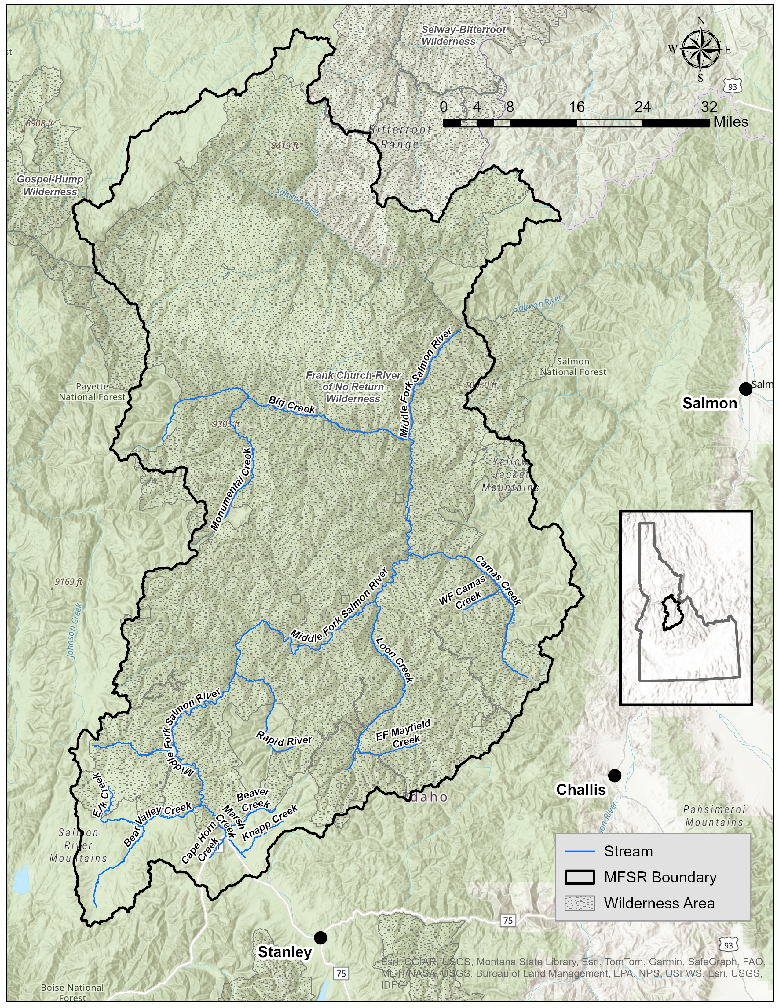 Map depicting the MFSR boundary in relation to Idaho towns and the Frank Church Wilderness