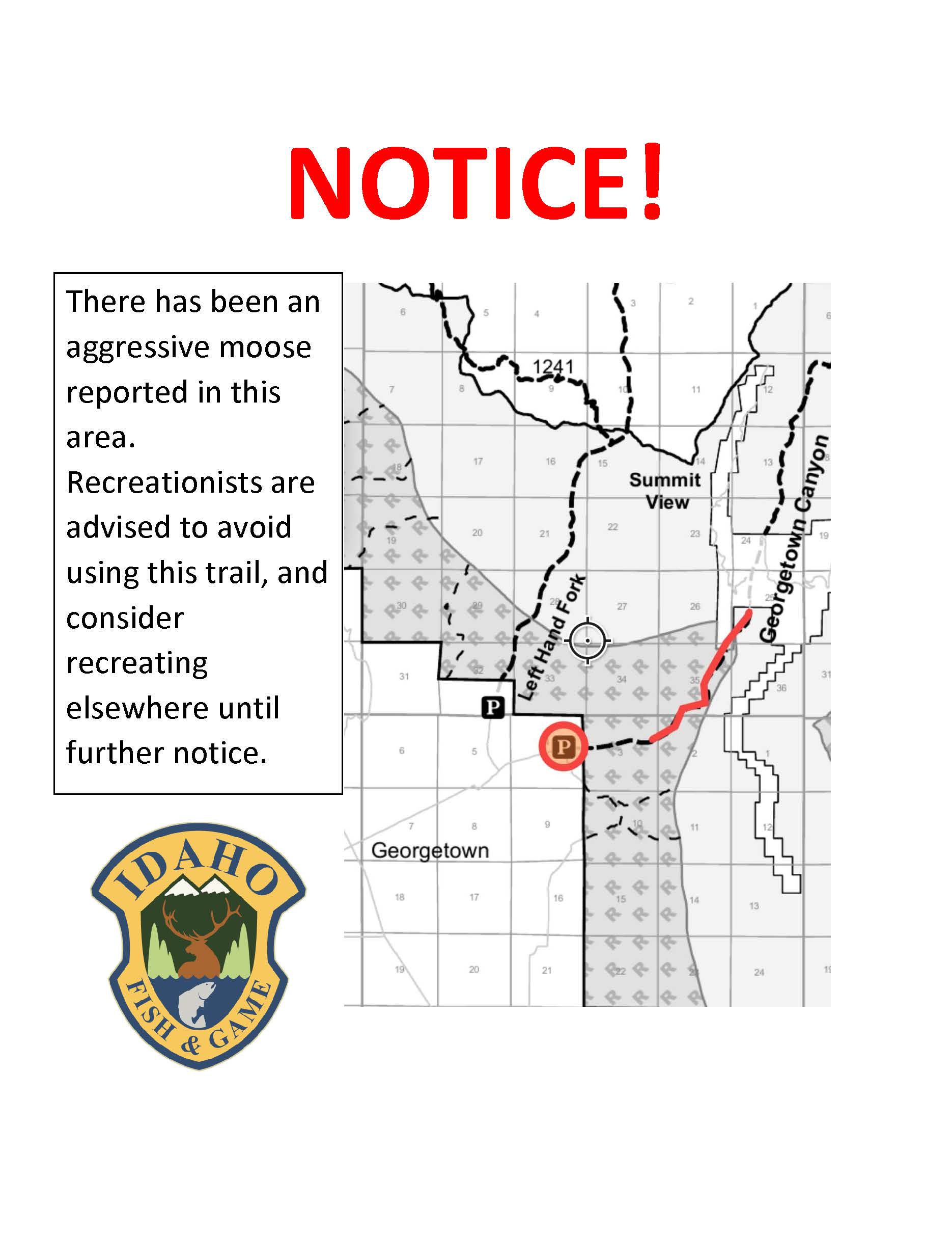 Notice of Aggressive Moose on trail near Georgetown_March 2023