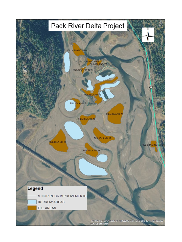 Map of phase 2 of the Pack River Delta habitat restoration project