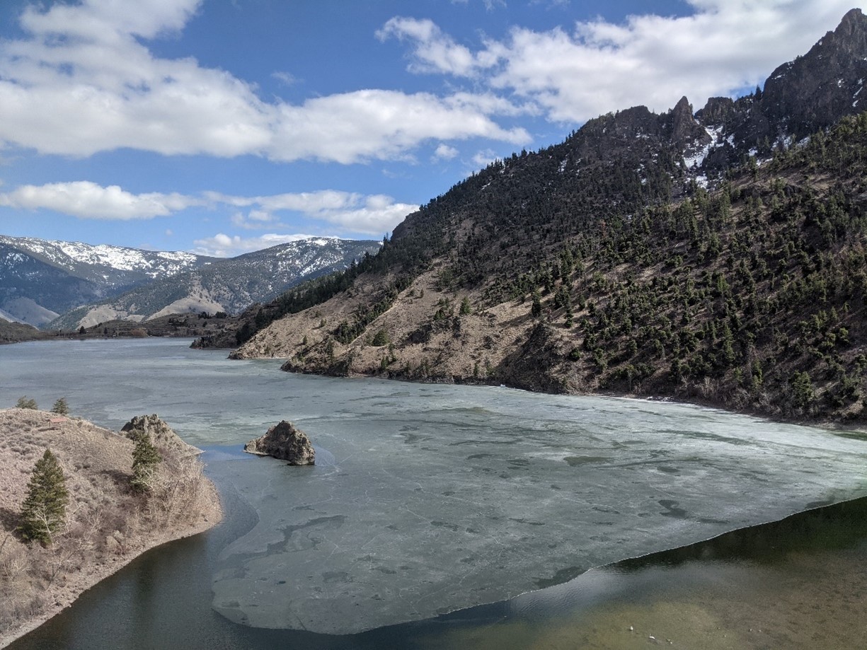 A bird’s-eye view of Williams Lake in the Spring with ice beginning to retreat.