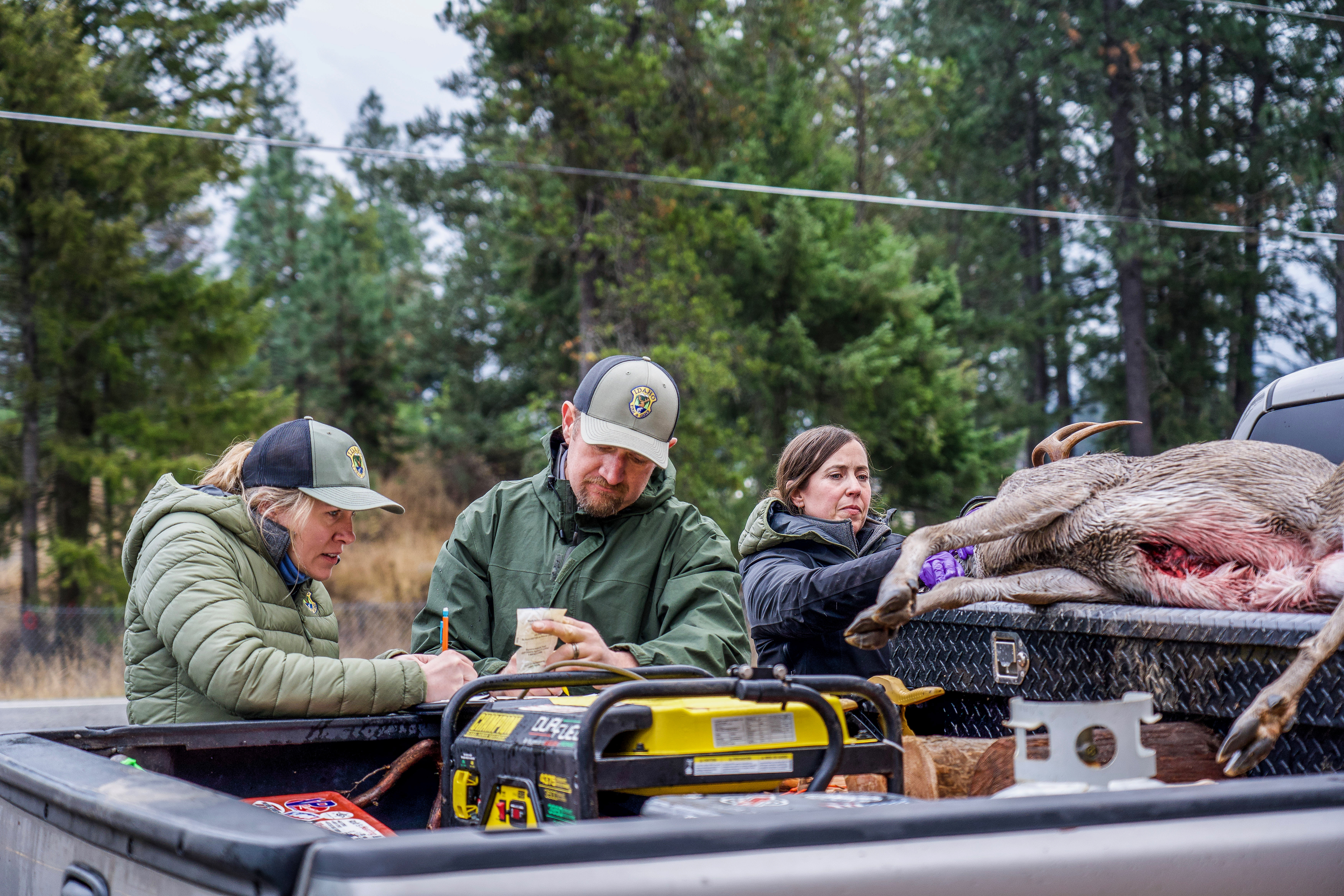 Idaho Fish and Game staff at a check station near Priest River, Idaho