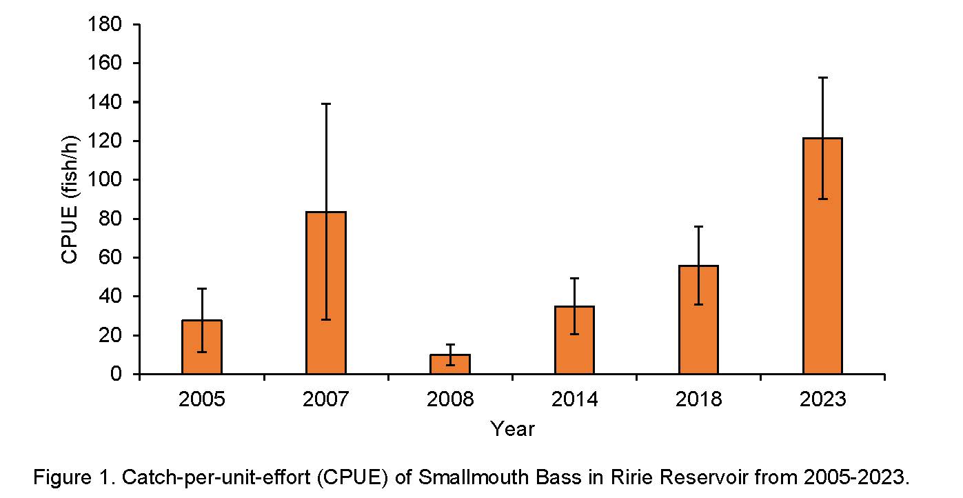 Chart showing population growth of smallmouth bass in Ririe Reservoir from 2005 to 2023