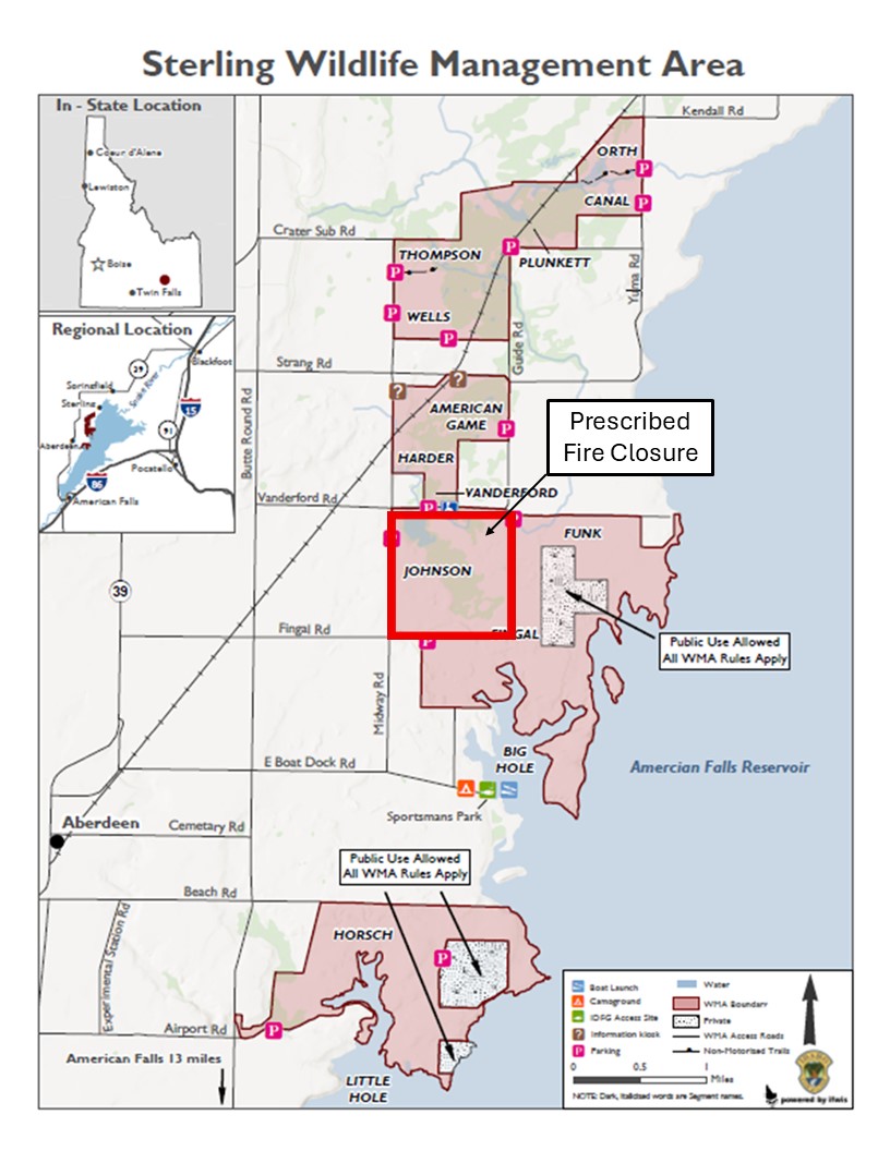 Colorful map showing area of Sterling WMA with fire closure noted