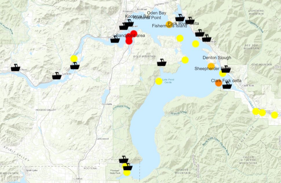 Walleye locations on the Lake Pend Oreille system in April 2022