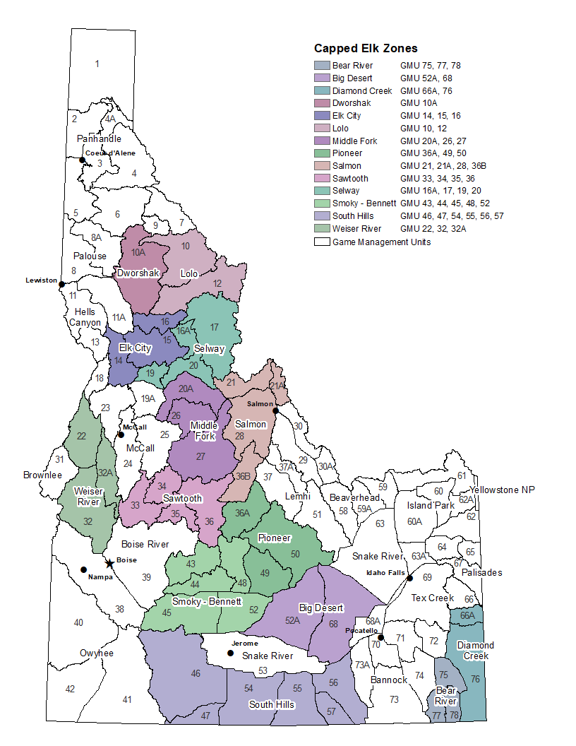 Map Graphic Idfg Elk Zones With Caps Png Idaho Fish And Game