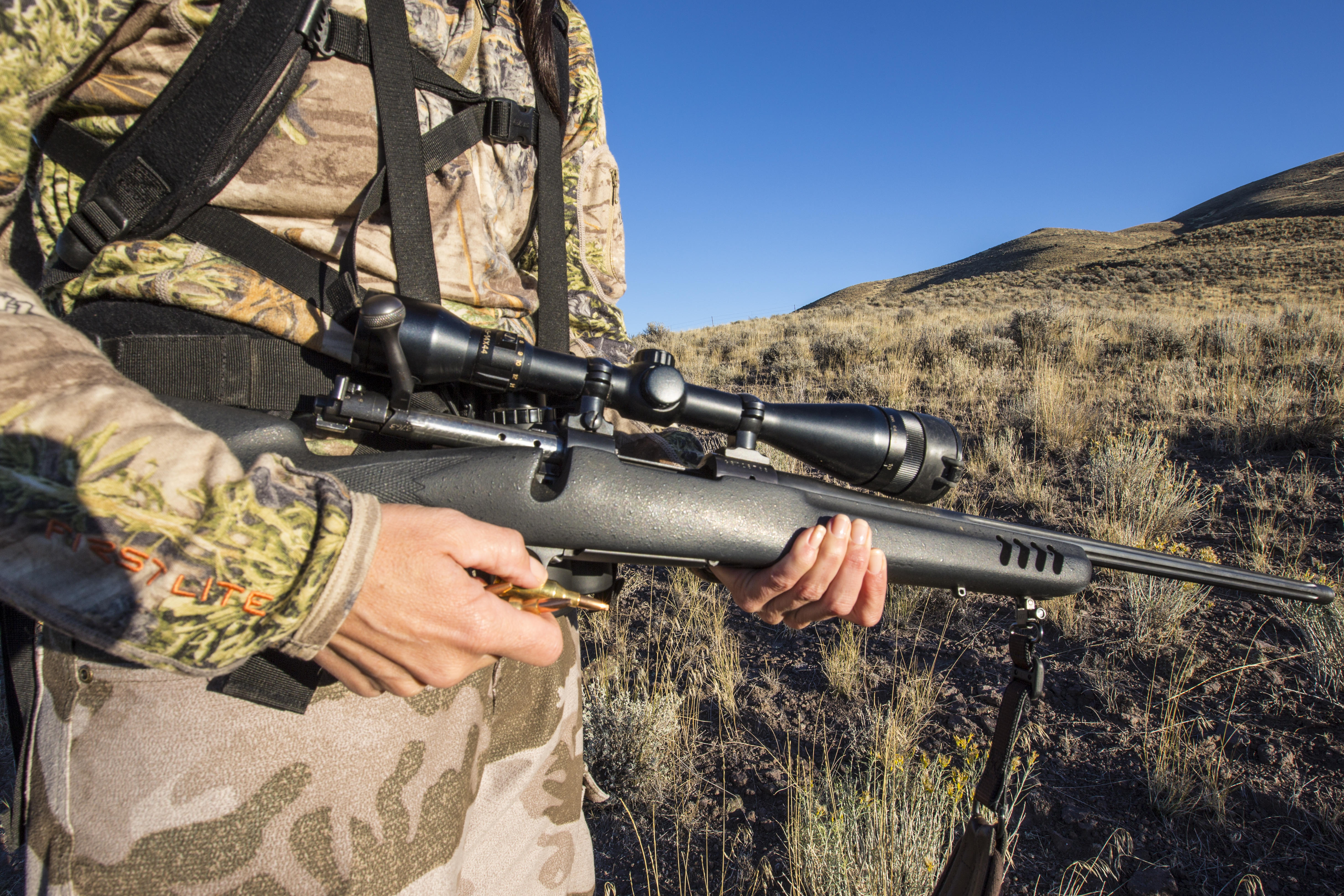 tight shot of a rifle with Windy Davis hunting for antelope near Salmon, Idaho October 2015