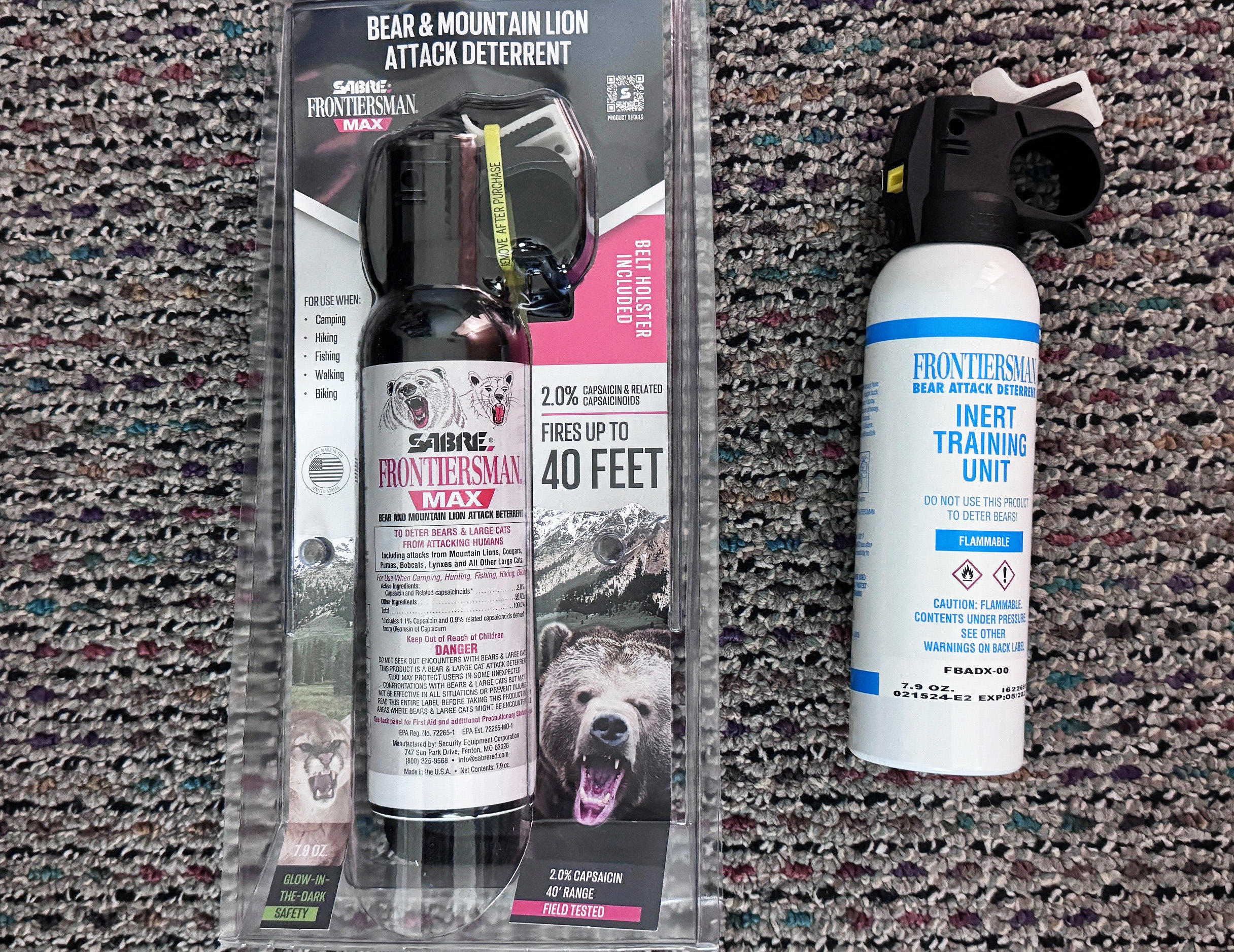 Cannisters of bear spray and inert training spray