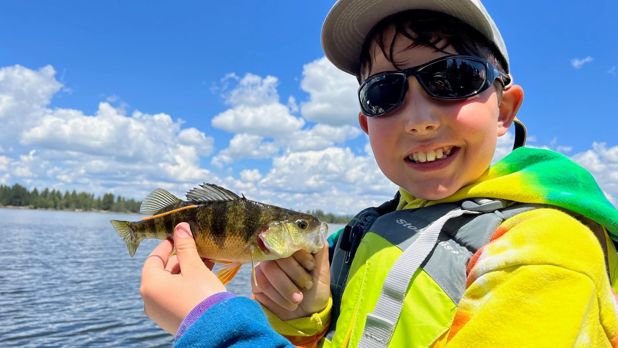 A young angler holds a perch with an orange tag near its dorsal fin.