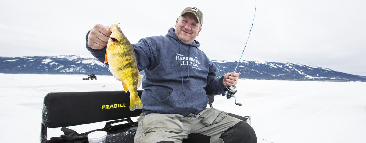 Idaho angler Sean Cluff ice fishing on Cascade Resrvoir in 2018