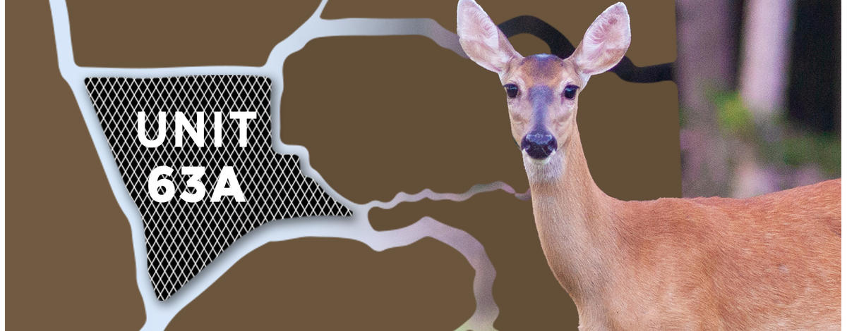 Map of Unit 63A next to a white-tailed deer