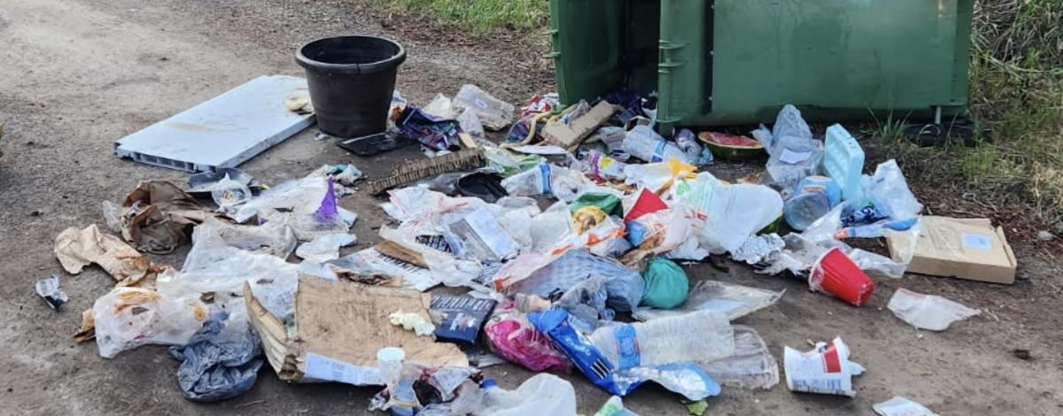 Tipped over garbage can with garbage strewn about