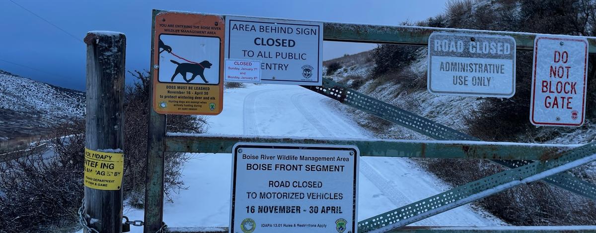 An access closure sign posted to an entry point on the Boise River WMA