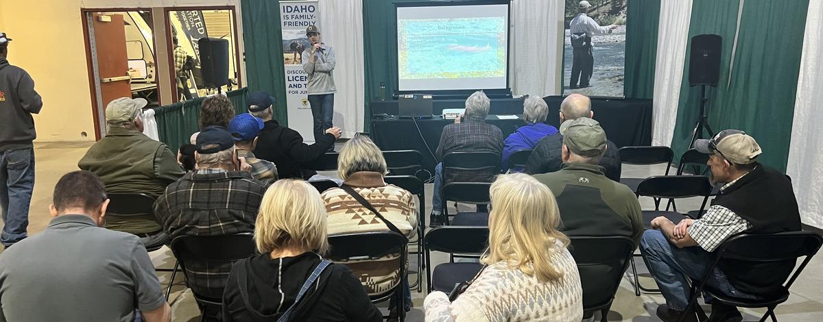 A fisheries biologist gives a presentation about kokanee management at the Idaho Sportsman Show