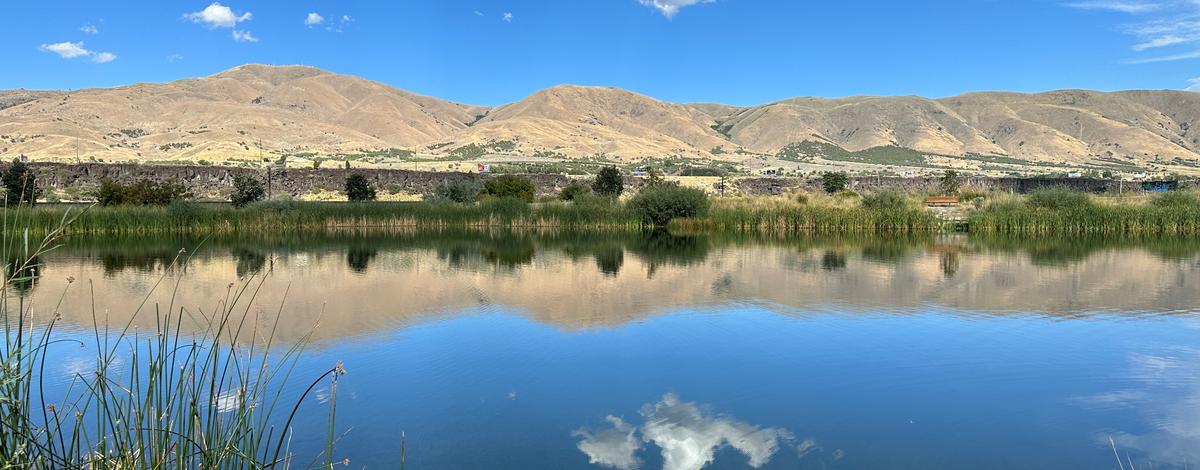 White fluffy clouds, vegetation, and surrounding hills are reflected in a still blue fishing pond.