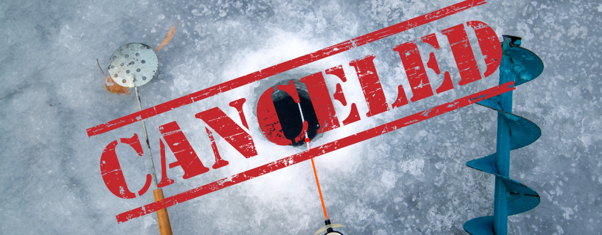 Ice fishing hole with the words "cancelled" over the top