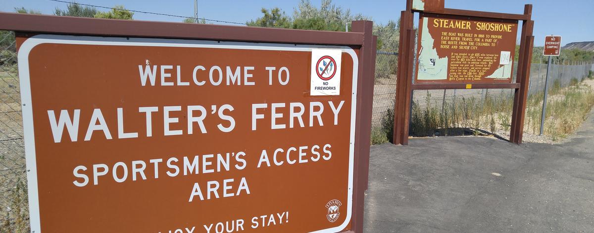 fishing access Walters Ferry informational signs and a historical marker on Steamer Shoshone  medium shot July 2016