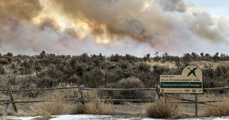 Smoke rises above sagebrush landscape during a prescribed fire.  Sterling WMA sign in foregroud.