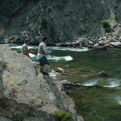 medium shot of anglers fishing for chinook on the Yankee Fork of the Salmon River July 18, 2008