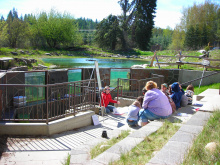 class at the amphitheater at the Waterlife Discovery Center with the fish viewing windows and forest in the background in Sandpoint wide shot May 2011