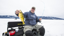 Idaho angler Sean Cluff ice fishing on Cascade Resrvoir in 2018