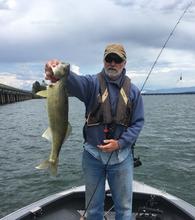 Stock photo of an angler with a walleye from Lake Pend Oreille