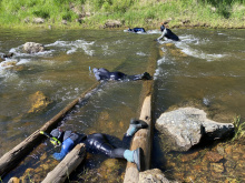 Snorkel crews crawl over a log in a river